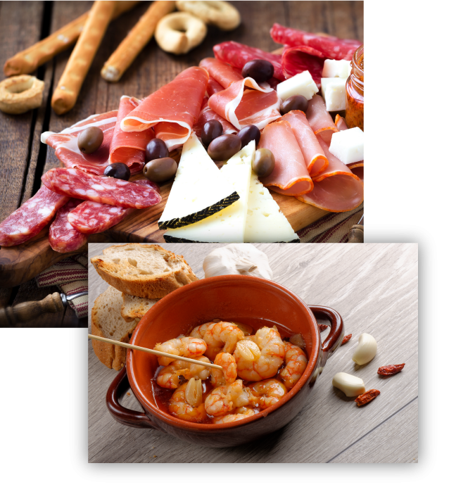 Spanish tapas with bowl of prawns overlaid